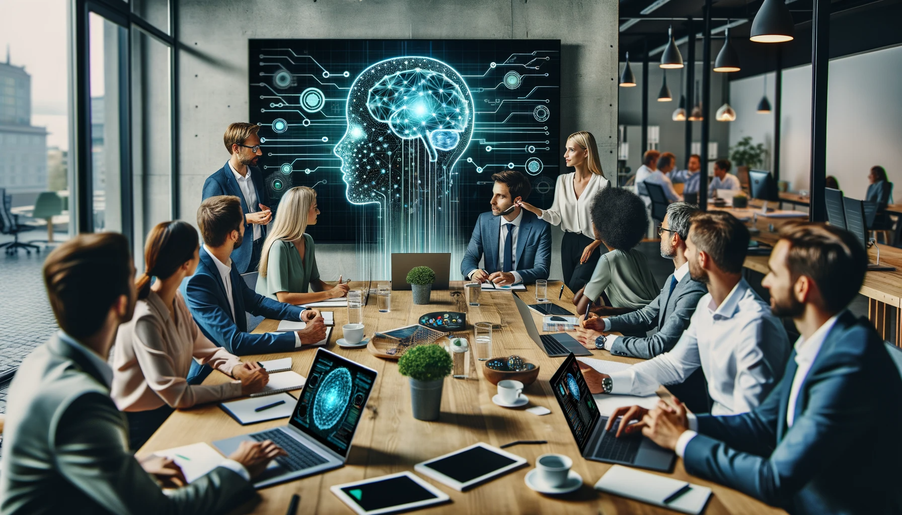 A photo capturing a diverse group of Danish professionals in discussion at a conference table. The background projection displays a graphical representation of an AI neural network, and the table is adorned with various tech devices.